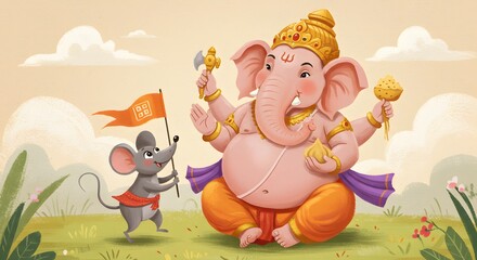 Mythical Creature and Rodent in a Whimsical Landscape