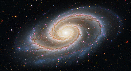 Spiral galaxy with vibrant colors and intricate arms,  dust lanes, and stars
