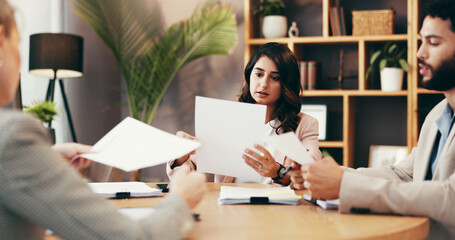 People, lawyers and reading documents in office for legal report, information and negotiation....