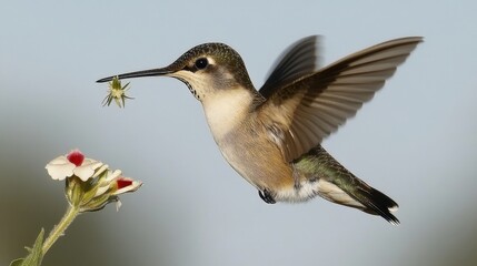 Naklejka premium Hummingbird with Insect Near Flower