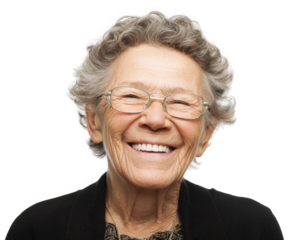 Smiling elderly woman with curly gray hair wearing glasses, exuding warmth and joy against transparency background. Her cheerful expression radiates happiness and positivity