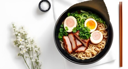 Delicious Ramen Noodle Bowl with Braised Pork and Soft Boiled Eggs