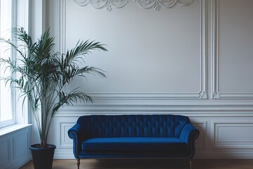 Blue Velvet Tufted Sofa in Classic Room with Decorative White Walls and Potted Palm