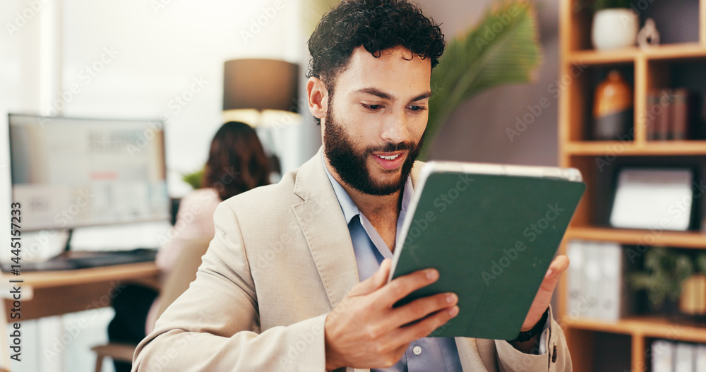 Poster tablet, research and scroll with man in small business for account manager, financial advisor or com