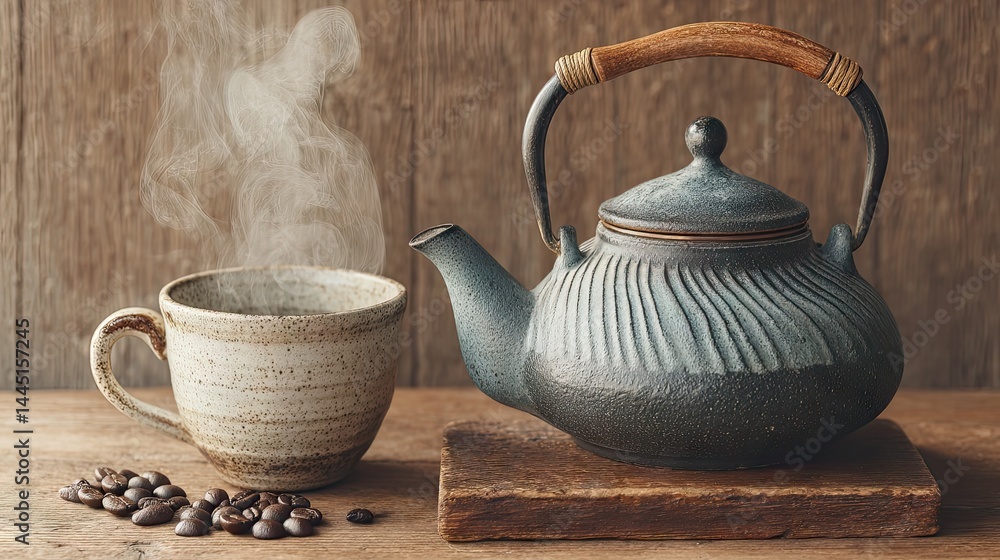 Poster cozy still life with steaming coffee in a rustic mug next to a teapot.