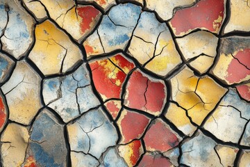 Abstract image of colorful cracked earth, depicting drought or arid land.