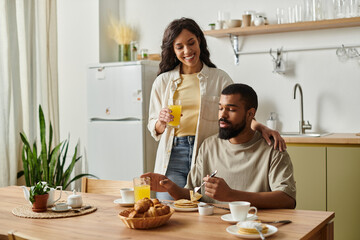 Joyful moments shared by a loving couple during a cozy breakfast at home