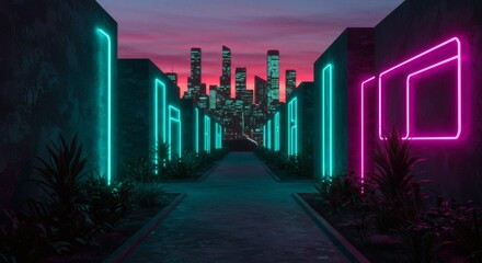 Cityscape Glows with Neon Lights Along Futuristic Walkway at Twilight