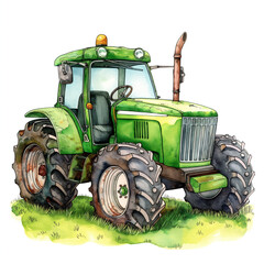 Watercolor cute illustration of funny green tractor on white background