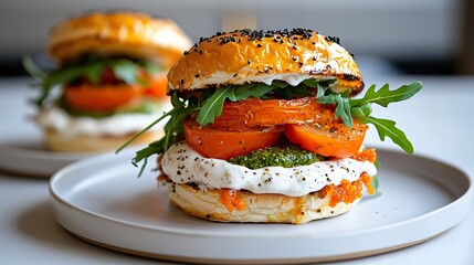 Burger with pesto mayo, tomato confit, and arugula leaves, modern restaurant plating, daylight setting with high color accuracy, clean styling, white surface