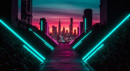 Neon Lit Walkway Leading to Futuristic Cityscape at Dusk