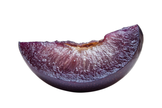 A juicy plum slice vibrant purple hues glistening texture close up shot against white background
