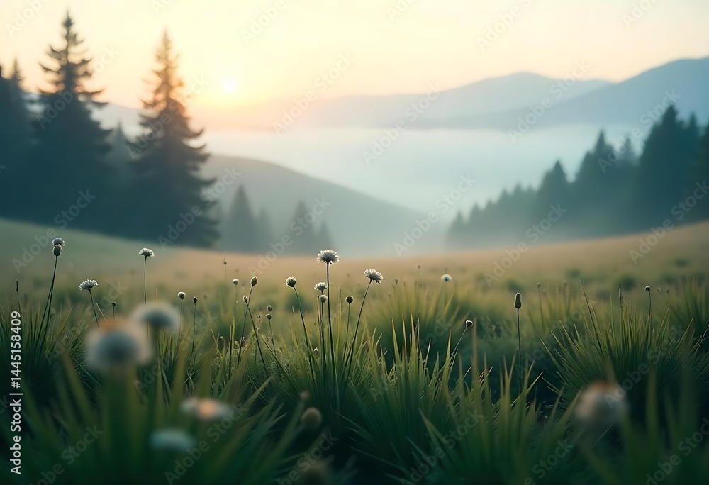 Poster generative ai ethereal meadow at dawn misty mountains backdrop scene