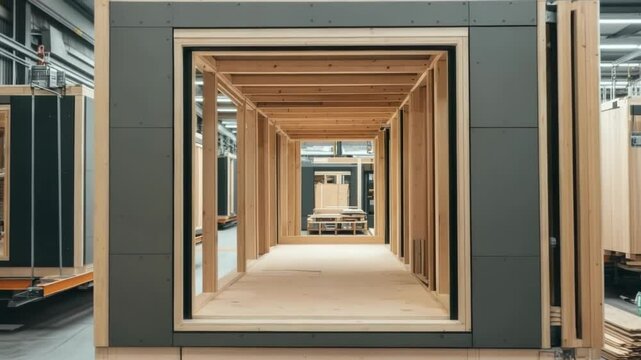 Eco-friendly smart modular home factory. Shows assembly and finishing of interior and exterior work in assembled modular homes.