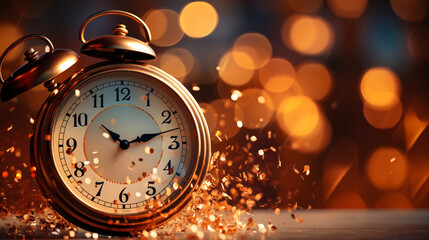 Celebrate the New Year with a stunning clock and golden fireworks, marking the countdown to midnight and festivities.

