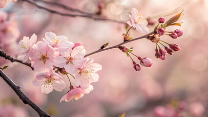 Obraz premium In spring, pink cherry blossoms bloom on a tree branch, creating a beautiful display of nature's pink flowers, also known as sakura in Japan