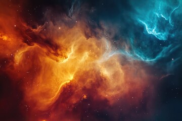 Fototapeta premium A breathtaking cosmic landscape of vibrant orange and teal nebulae, swirling gases and distant stars.