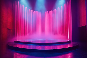 Round empty marble podium on bright neon background. Generated by artificial intelligence