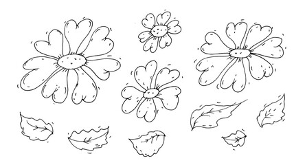 Black and white collection of hand-drawn cartoon-style flowers and leaves. Great for kids&rsquo; design, coloring pages, educational materials, stickers, and craft projects