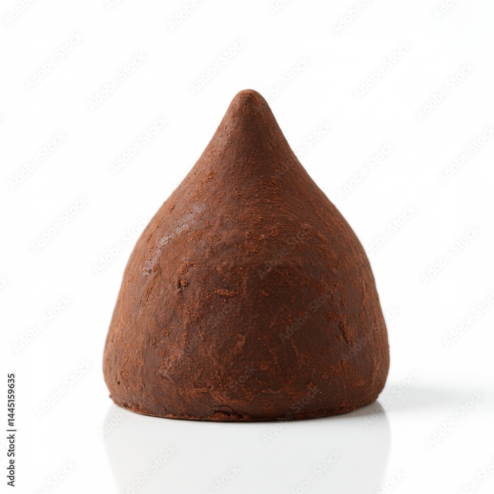 Poster single chocolate truffle with a conical shape dusted with cocoa powder on a white background surface