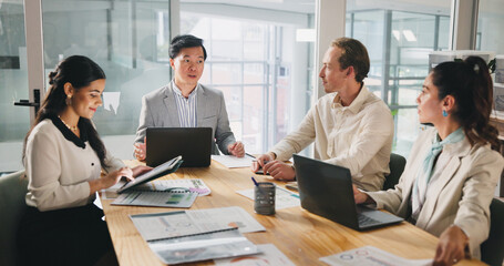 Collaboration, meeting and planning with business people in office for development or discussion. Documents, laptop and tablet with employee team in corporate workplace for conversation or strategy