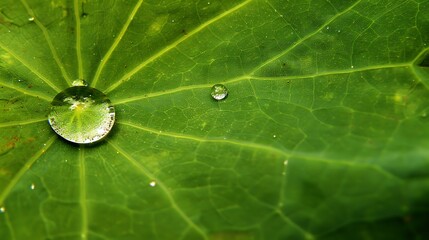 Macro shot capturing water droplets on a vibrant, fresh green lotus leaf
