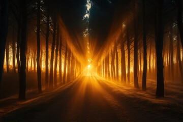 Golden sunbeams radiating through tall trees along a forest path at sunrise, creating a magical and enchanting atmosphere filled with tranquility and beauty