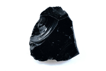 Shiny Natural Obsidian Rock Isolated on White Background Showing Smooth Reflective Surface and...