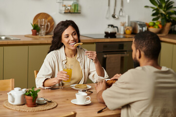 Cozy moments shared between a loving couple during breakfast at home