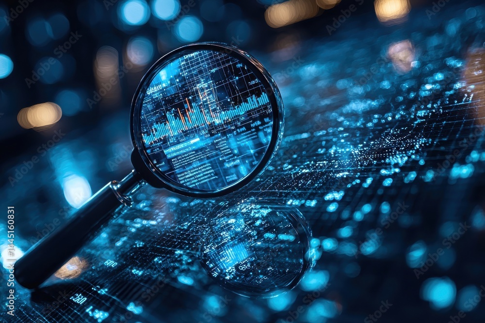 Poster magnifying glass analyzing a glowing digital chart in a futuristic data concept