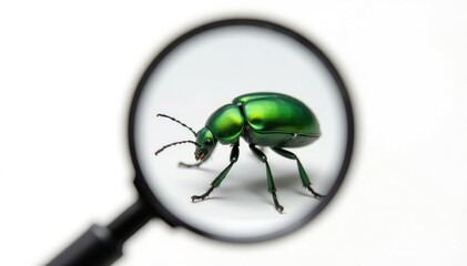 Naklejka premium Magnified image of a green beetle isolated on white , pest, exoskeleton, elytra