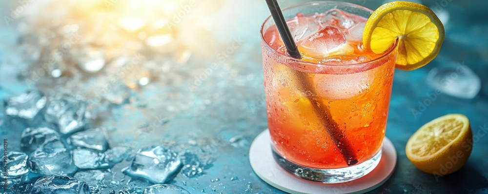 Poster refreshing cocktail with ice and lemon on a colorful textured background
