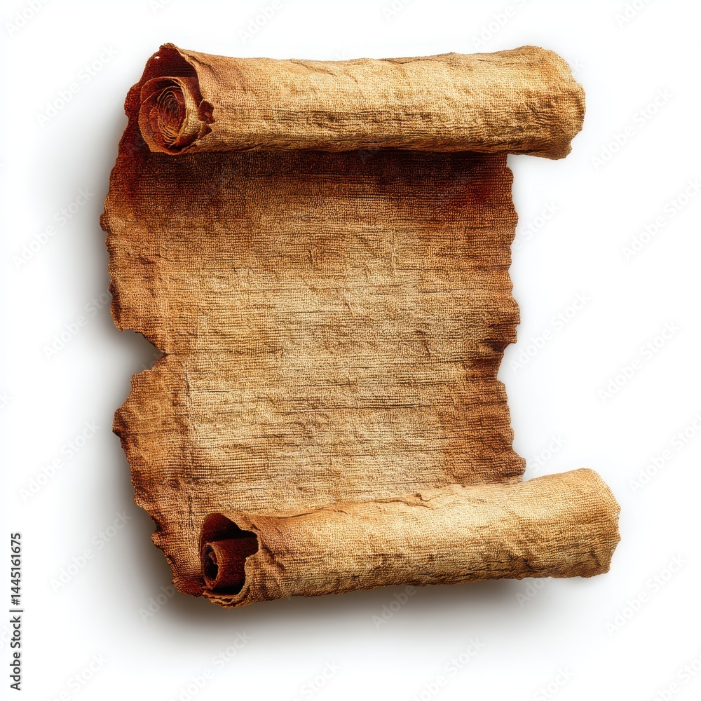 Poster an old parchment scroll with crumpled edges on a white background. old scroll paper