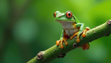 Naklejka premium Green tree frog perched on white, vibrant detail, nature photography, white background, isolated frog