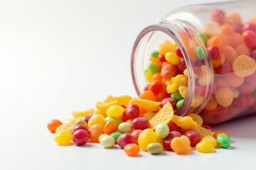 Pile of colorful candy, chips, and soda on white , junk food, lifestyle