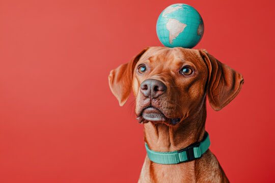 Dog balancing globe on head against red background showing loyalty and balance