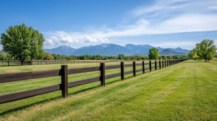 Fototapeta premium A wooden fence stretches across a green grassy field with trees and distant mountains under a bright blue sky.