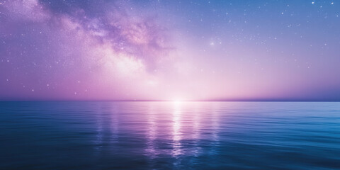 Vibrant milky way reflected on tranquil ocean at dawn with stunning starry sky