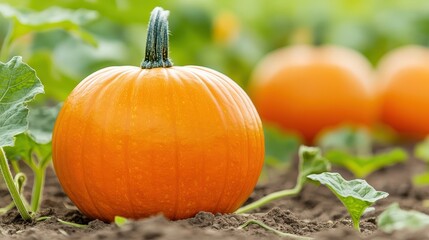 A bright orange pumpkin growing in a lush green field, surrounded by leaves and soil, with more pumpkins in the blurred background.