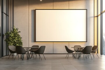 Interior With Modern Chairs, Tables, Plant, and Blank Against Concrete Wall