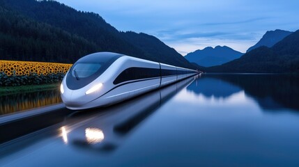 Obraz premium Modern high-speed train glides over tranquil lake, scenic mountain backdrop