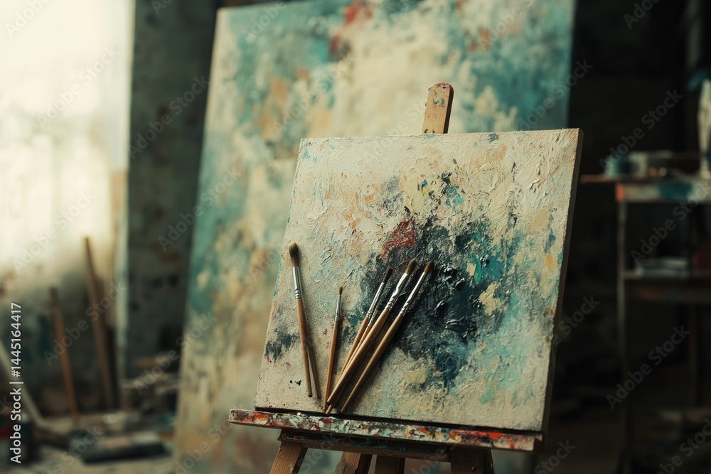 Poster a canvas on an easel in an art studio, displaying paint strokes and several paintbrushes.