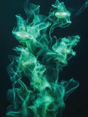 Fototapeta premium Ethereal green jellyfish gracefully dance in the dark ocean depths, their translucent bodies creating a mesmerizing underwater ballet.