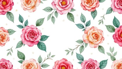 Delicate watercolor roses & leaves, repeating pattern, pink, nature