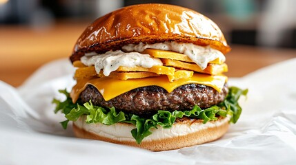 Bright daylight close-up of gourmet cheeseburger, featuring stacked cheddar layers, seared patty, garlic aioli, butter lettuce, and custom-toasted bun, shown with shallow depth for sharp texture