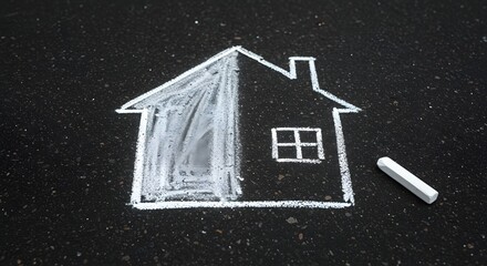 Fototapeta premium Chalk drawing of a house on asphalt, simple home illustration for real estate and architecture concept