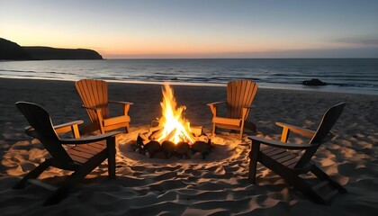 Campfire setup on the beach at dusk, cozy chairs and fairy lights, ocean in the background.
