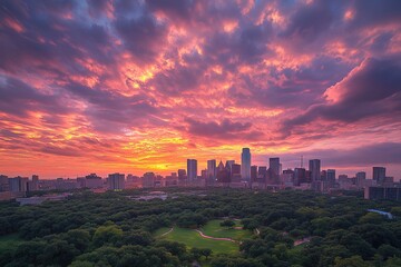 Obraz premium Cityscape at sunset with fiery sky, trees, buildings in Dallas, Texas. Aerial view