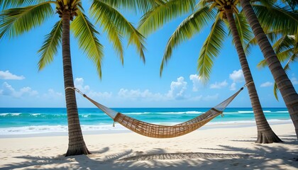 Fototapeta premium Tropical beach hammock between palm trees with clear blue sky and ocean waves in the background.