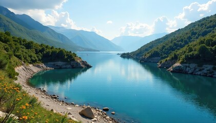 Obraz premium Meandering lake with winding shoreline, rocky outcrops, nature, green, brown